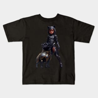 Black Pug Puppy in Gold Armor and Heroic African Princess Kids T-Shirt
